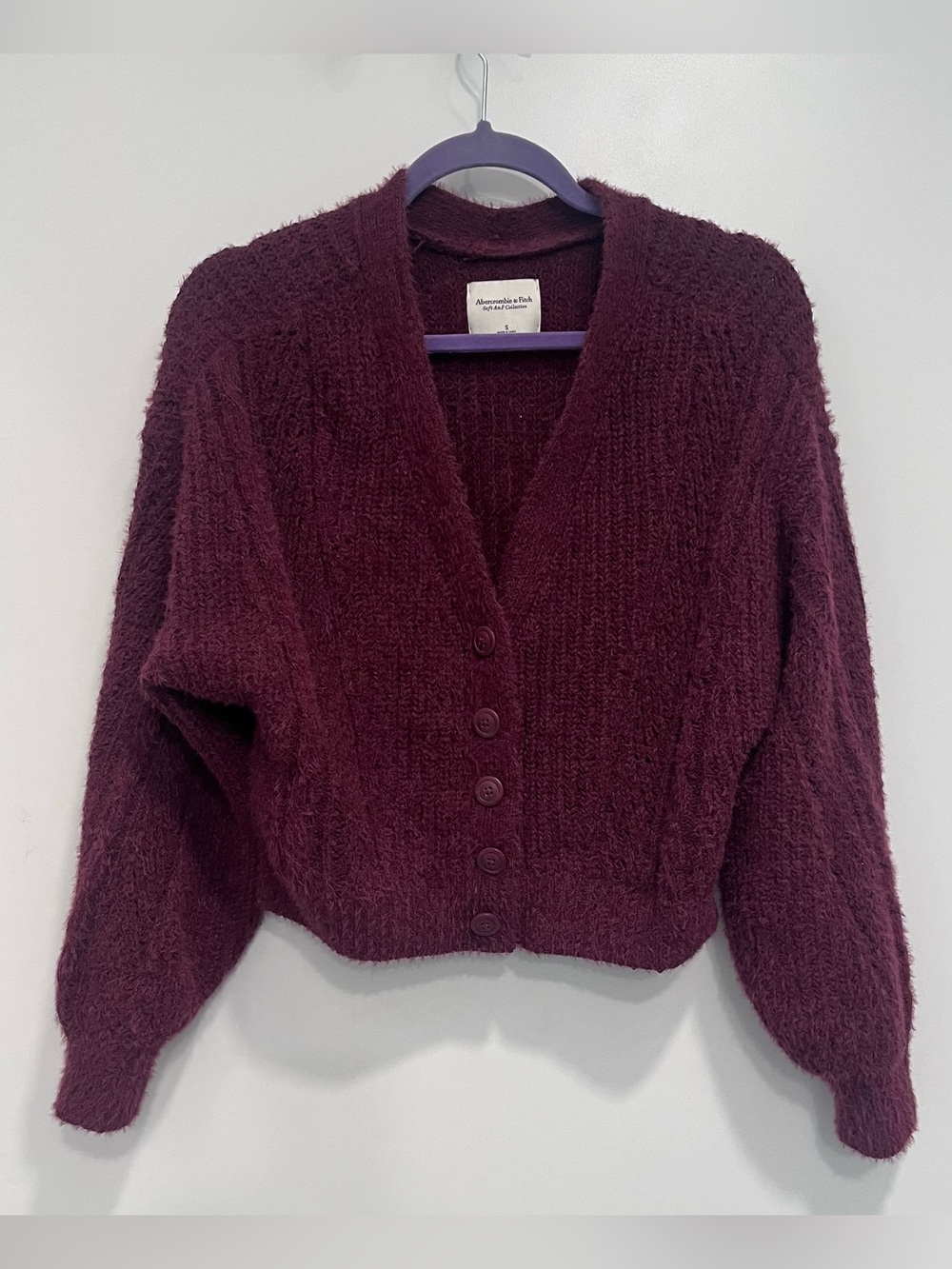 Abercrombie & Fitch Soft AF Maroon Wine Fuzzy Knit Button Cardigan Sweater Small